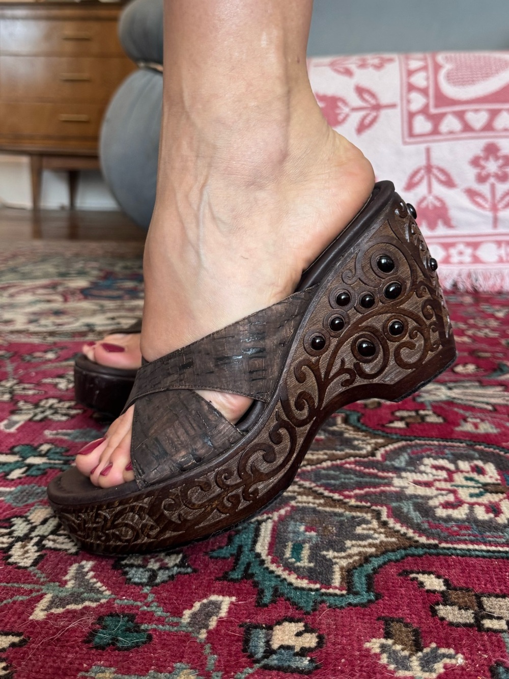 Stuart Weitzman Brown Carved Wood Wedge Slide Sandals